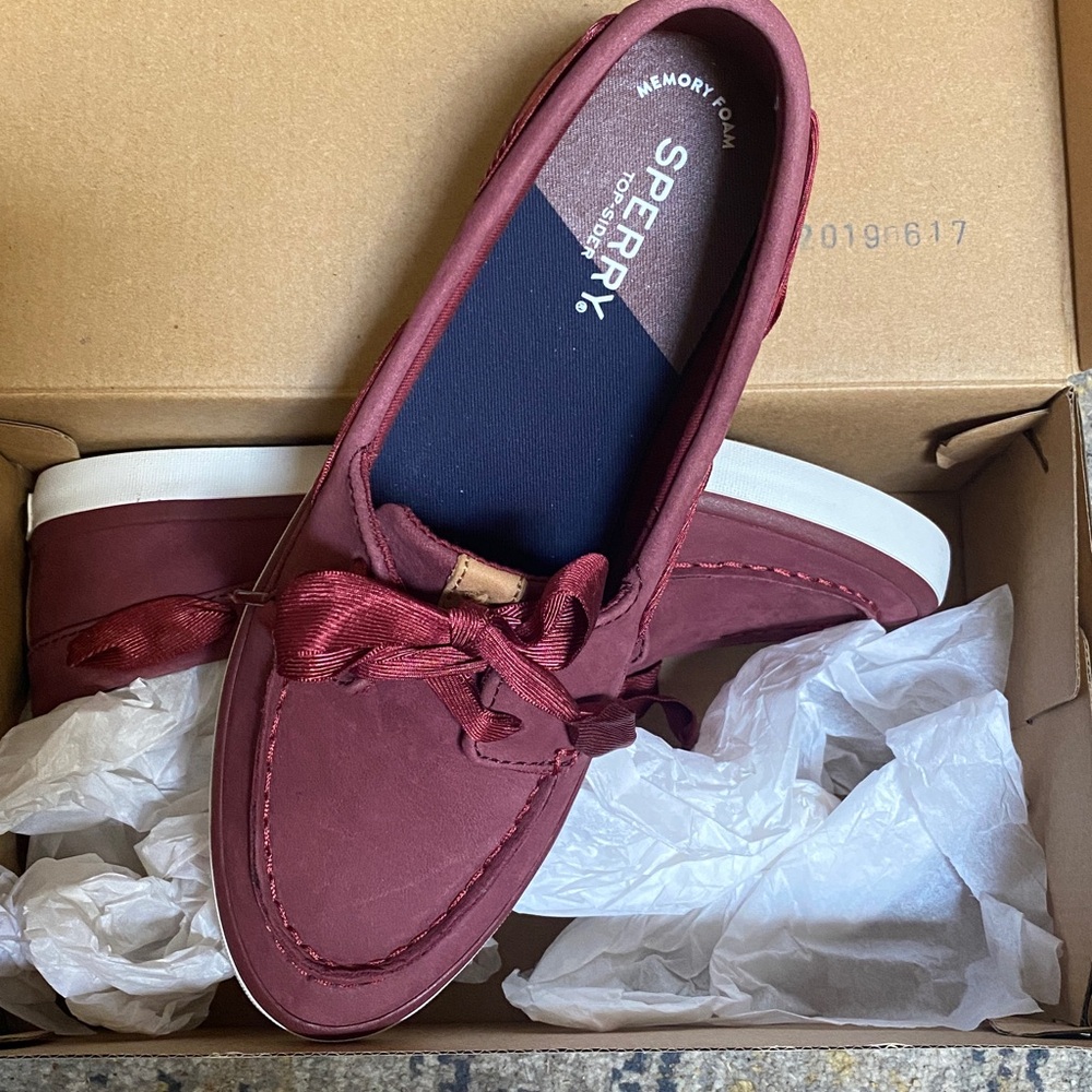 SPERRY 7.5 Genuine Leather Non Marking Slip-on Wine Sailor Ribbon Boat Shoes NIB - Picture 6 of 6